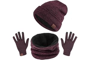 TAGVO Tricotés Ensemble d'hiver Bonnet écharpe Gants d'écran Tactile 3 en 1, Doublure Molleton Doux Bonnet tricoté Chaud Cache-Cou Extensible Gants tactiles à 3 Doigts pour Homme Femme