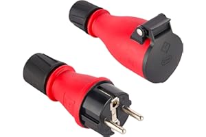 Electraline 92383 opakowanie z 1 gumową wtyczką + 1 gniazdko z zestykiem ochronnym IP54, z automatyczną osłoną sprężyn do pracy wolnej ręki, czerwony/czarny