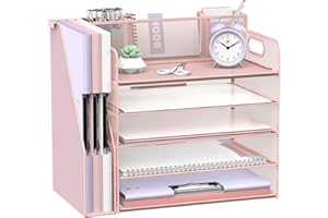 SUPTIDY Schreibtisch-Organizer mit Aktenhalter, 5 Etagen, Schreibtisch-Organizer mit 3 Stifthaltern, Papier-Briefablage für Büro, Zuhause, Organisation und Aufbewahrung, Rosa