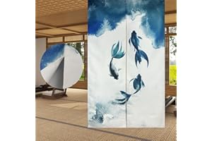 LIGICKY Chinese Ink Style Japanese Noren Doorway Curtain Thicken Koi Fish Printed Asian Window Treatment Hanging Door Tapestry for Sushi Kitchen Home Decoration 85 x 150 cm (Double Sided)