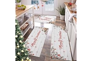 ‎TUKDAK TUKDAK 3 Stück Weihnachten Küchenteppich, Vintage Waschbar rutschfest Dekoration Küchenmatten, Weiß Kurzflor Weihnacht Küchenmatte Weihnachtsteppich Läufer für Küche, Flur, Eingang Waschküche