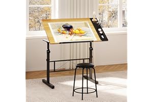 Moziel Tavolo da Disegno Inclinabile da 0 a 60°, Altezza Regolabile con Sgabello, Scrivania per Somputer da Studio di Architettura per Disegnatore Pittore Ingegnere Artista (Colore Legno)