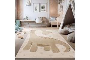 TT Home Alfombra habitación Infantil Alfombra Juego Efecto Alto-bajo Motivo Dino Estructura Bucle Suave Tonos Naturales Fácil, Tamaño:80x150 cm