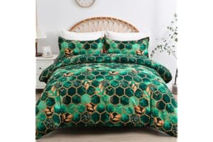 DJY Green Geometric Duvet Cover Golden Leaves Reversible Bedding Set, Soft and Breathable Lightweight Duvet Sets 3 Pieces With Zipper Closure (Double, 200x200cm)