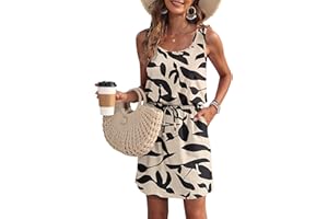 WNEEDU Robe d'été sans Manches pour Femmes Robes de Plage à col en U avec Cordon de Serrage et Poches