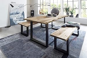 SAM 3 TLG. Essgruppe Quintus, Baumkantentisch 140x80 cm & -Bank 140x42 cm, Akazienholz massiv, naturfarben, U-Gestell Schwarz