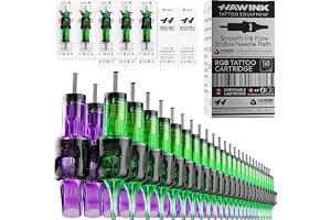 HAWINK Kit med 50 tatueringsnålar för tatueringsmaskin | Round Liner/Shader/Magnum #10 Bugpin nålpatroner 3RL, 5RL, 7RL, 3RS