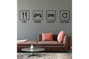 KAIRNE Eat Sleep Game Repeat Wall Sticker Gaming Gamer Wall Sticker Minecraft Game Room Decor Children Gift Nursery Boys Room Wall Vinyl Decal Lettering Stickers Home Decor
