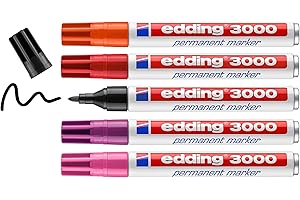 edding 3000 marcador permanente - rojo naranja rosa magenta negro - juego de 5 - punta redonda - indeleble de secado rápido resistente al agua y a los borrones - cartón plástico madera metal tela