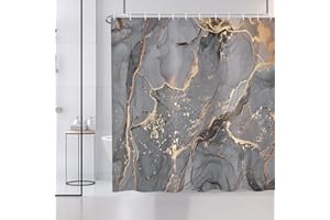 ASDCXZ Duschvorhang Grau Gold Marmor 180x200 cm, Modern Abstrakt Grau Gold Schwarz Marmor Optik Textur Waschbar Bad Duschvorhänge Polyester Textil Wasserdicht Duschvorhang für Badewanne mit 12 Hake
