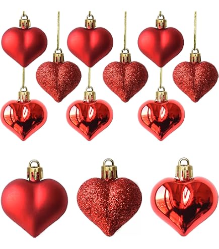 24 Pezzi Ornamenti del Cuore per San Valentino e Anniversario di Matrimonio - Palline a Forma di Cuore per Albero di Natale (Rosso