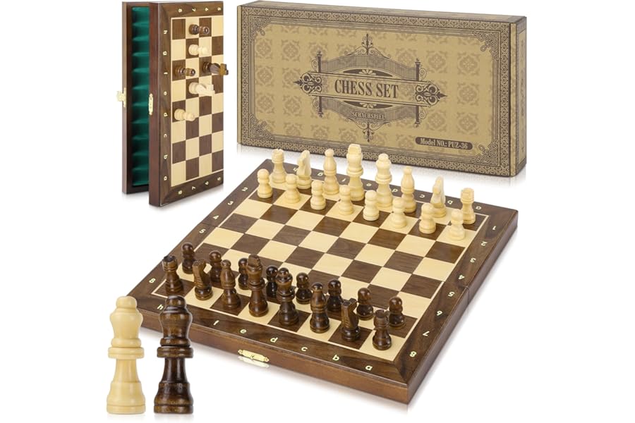 Peradix Chess Set | Wooden Magnetic Chess Board | 2 Extra Queen | 30x30cm Folding Chessboard for Storage | Toys & Games for Adults and Kids Educational Toy Sets
