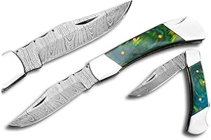Novahaven Damaststahl Taschenmesser – Klappmesser für EDC, Jagd, Camping & Survival mit Holz-, Knochen- oder Harzgriff – Outdoor Geschenk-Messer (Mehrere Farben) (Grünharz)
