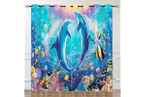 YUANZU Ocean Curtains, Tropical Fish Coral Dolphin Underwater Sea World Art Pattern Microfiber Blackout Fabric Eyelet Window Drapes for Kids Bedroom Playroom W117cm (46") x D137cm (54") 2 Panels