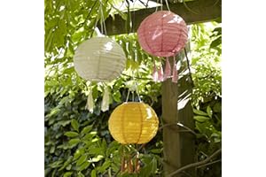 Lights4fun Juego de 3 Farolillos Solares de Color Rosa, Crema y Mostaza con Ledes Blancos Cálidos para Exteriores