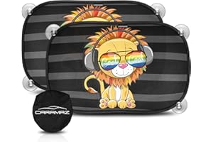 CARAMAZ Parasole per Auto con Protezione UV 48 x 30 cm con Ventosa - Protezione dal Sole e dal Calore, per Bambini con Ventose e Borsa per Il Trasporto - Design Leone, 2 Pezzi