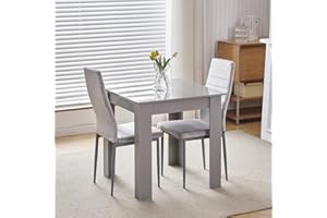 Homullel 75x75 cm Small Dining Table and 2 Chairs, 2 Seater Table and Chairs Set Kitchen Dining Room Set for 2, Compact, Space Saving, Wooden, Glossing Tabletop Grey (2 Seats, Flannel Grey #1)