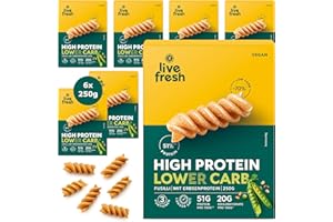 ‎LIVEFRESH LiveFresh High Protein Low Carb Nudeln | Vegane Vollkorn Fusilli mit 51g Protein | 80% mehr Ballaststoffe & 70% weniger Kohlenhydrate | Low Carb Lebensmittel zum Abnehmen & Muskelaufbau | 6x250g