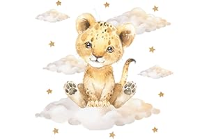 Pandawal Kinderzimmer Deko Wandtattoo Löwe mit Wolken Sterne Mädchen Junge Wandsticker Baby Safari Tiere Wandaufkleber (S, Löwe)