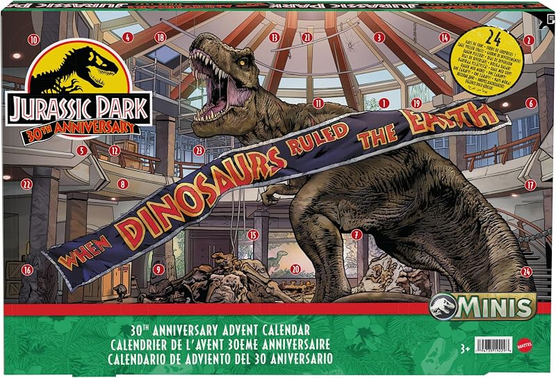 JURASSIC WORLD 30. Jubiläum Adventskalender - 24 Türchen mit Mini-Dinosauriern, Menschenfiguren und Teilen für einen aufregenden Spielbereich, für Kinder ab 4 Jahren, HTK45