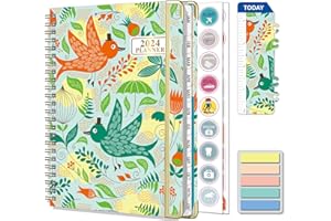 Gumiho Agenda Semainier 2024 Spirale - Agenda Scolaire A5 (Janvier à décembre 2024)-Avec 250 Autocollants de plan Adapté aux Bureau et Famille (Oiseau 2024)