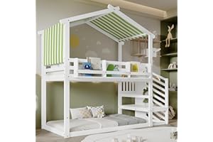 ModernLuxe Children's Bunk Bed with Decorative Canopy, 3ft Teen Bed with Corner Staircase, MDF & Pinewood, White & Green, 90x190cm, Space-Saving Design with Picture Bookshelf - No Matress