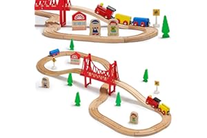 SainSmart Jr. Juego de tren de madera para niños pequeños, pistas de madera de doble cara para Brio, Thomas, Melissa y Doug, expandible, intercambiable, tren de juguete de madera para niños y niñas de