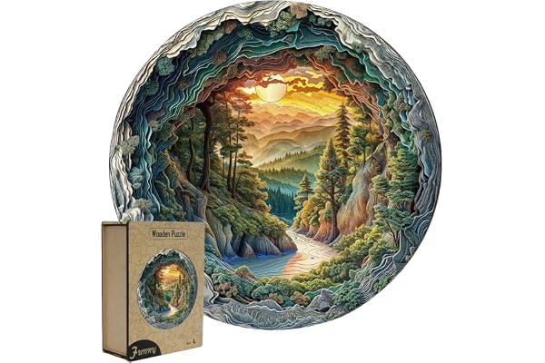 Rongxze Träpussel för vuxna, 34 x 34 cm, 300 delar, 3D-solnedgångsspel, oregelbundna, unika pusselbitar stressminskning, gåva