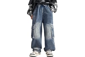 Rolanko Vaqueros Baggy para Niños, Cintura Elástica Pierna Ancha Pantalones Cargo de Denim con Multibolsillos para Niños