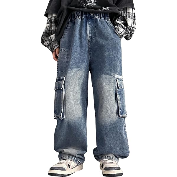 Happy Cherry Jean Baggy Enfant Garçon Pantalon Cargo Jambes Larges Taille Élastique avec Poches, Bleu Foncé, 8-9 ans Happy Cherry Jean Baggy Enfant Garçon Pantalon Cargo Jambes Larges Taille Élastique avec Poches, Bleu Foncé, 8-9 ans