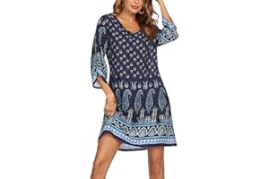 Beyove Damska tunika w stylu boho, sukienka plażowa, letnia sukienka w stylu vintage, tunika plażowa, rękaw 3/4, okrągły dekolt, wzór kwiatowy, krótki top