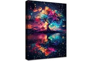 HALFLEMART Cadre en Bois Impression sur Toile Arbre De Vie Coloré Tableau Image sur Toile Scène de Nuit étoilée Bleu Rouge Arbre Tableau Decoration Murale Salon Chambre Coucher Salle de Bains Couloir 30x40cm