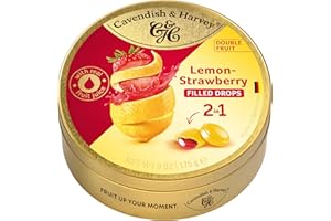 ‎CAVENDISH & HARVEY Cavendish & Harvey Double Fruit Drops Lemon Strawberry 175g Dose | Zitrone mit Erdbeerfüllung | Gefüllte Fruchtbonbons | Vegan, Halal, Koscher | 1 x 175g