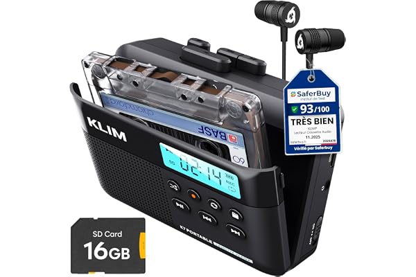 Cassette Player KLIM K7 - Lecteur Cassette Audio - Convertisseur Audio en MP3 - Microphone et Haut-Parleur intégrés - Batterie Rechargeable - Ecouteurs - Carte SD 16GB - Noir