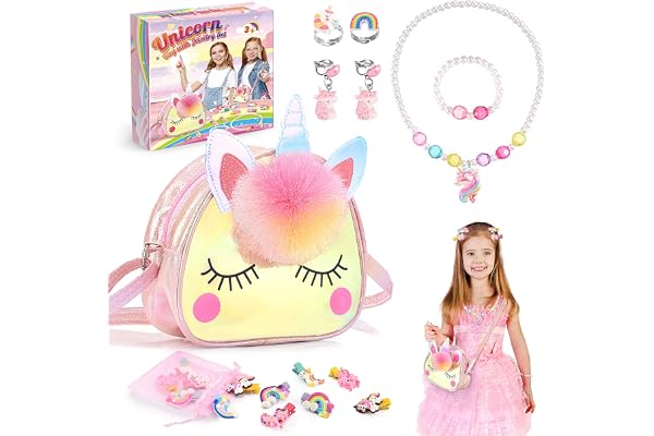 Hapikids Licorne Sac a Main Bijoux Enfants Fille, Cadeau Fille 2 3 4 5 6 Ans Jouet Filles 2-6 Ans, Cadeau Anniversaire Filles Bijoux Enfants Unicorn Collier Bracelet Boucle d'oreille Bagues Kit
