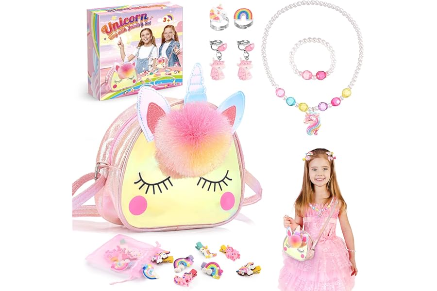 Qukir Unicorn Gifts for Girls, Kids Jewellery Sets for Girl Unicorn Toys for 2 3 4 5 6 Year Old Girl Toys Age 2 3 4 5 6 Year Old Gifts for 2-12 Year Olds Girls Birthday Presents Crossbody Bag