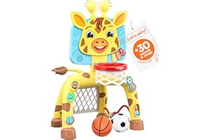 Move2play, Giraffe Basketball Hoop & Football Goal Activity Center | 30+ Sounds & Songs + 5 Lights | 1 2 3 Year Old Birthday Gift for Boys and Girls | Toy for Baby & Toddlers