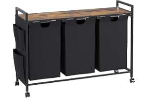 KIMENICH Wäschekorb 3 Fächer, Wäschesammler mit deckel, Wäschebox mit Rollen, Aufbewahrungstasche, Haken, Wäschesack aus Oxford-Gewebe ausziehbar abnehmbar, Metallrahmen, 3 x 46 L, schwarz