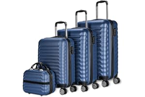 NUMADA - Lot de 4 Valises (53/63/75cm) et Trousse de Toilette Bleu Foncé, ABS, Rigide, Résistant, 4 Doubles Roues, Léger, Serrure à Combinaison latérale