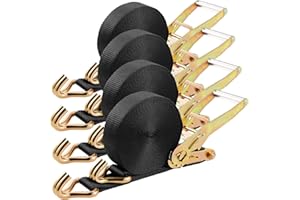 TLGREEN 9m X 50mm Double J Hook Ratchet Straps (11,000 lbs Break Strength), Heavy Duty Tie Down Straps for Trucks, Motorcycle, Cargo, Composed of Metal Tensioner and Polyester Strap (Black, 4PCS)