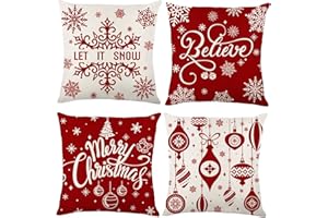 DTYDECLE 4 Pack Christmas Pillow Covers, 18×18 Inch Linen Red Xmas Snowflake Throw Cushion Covers Merry Christmas Pillow Cases for Xmas Indoor Home Living room Sofa Decorations