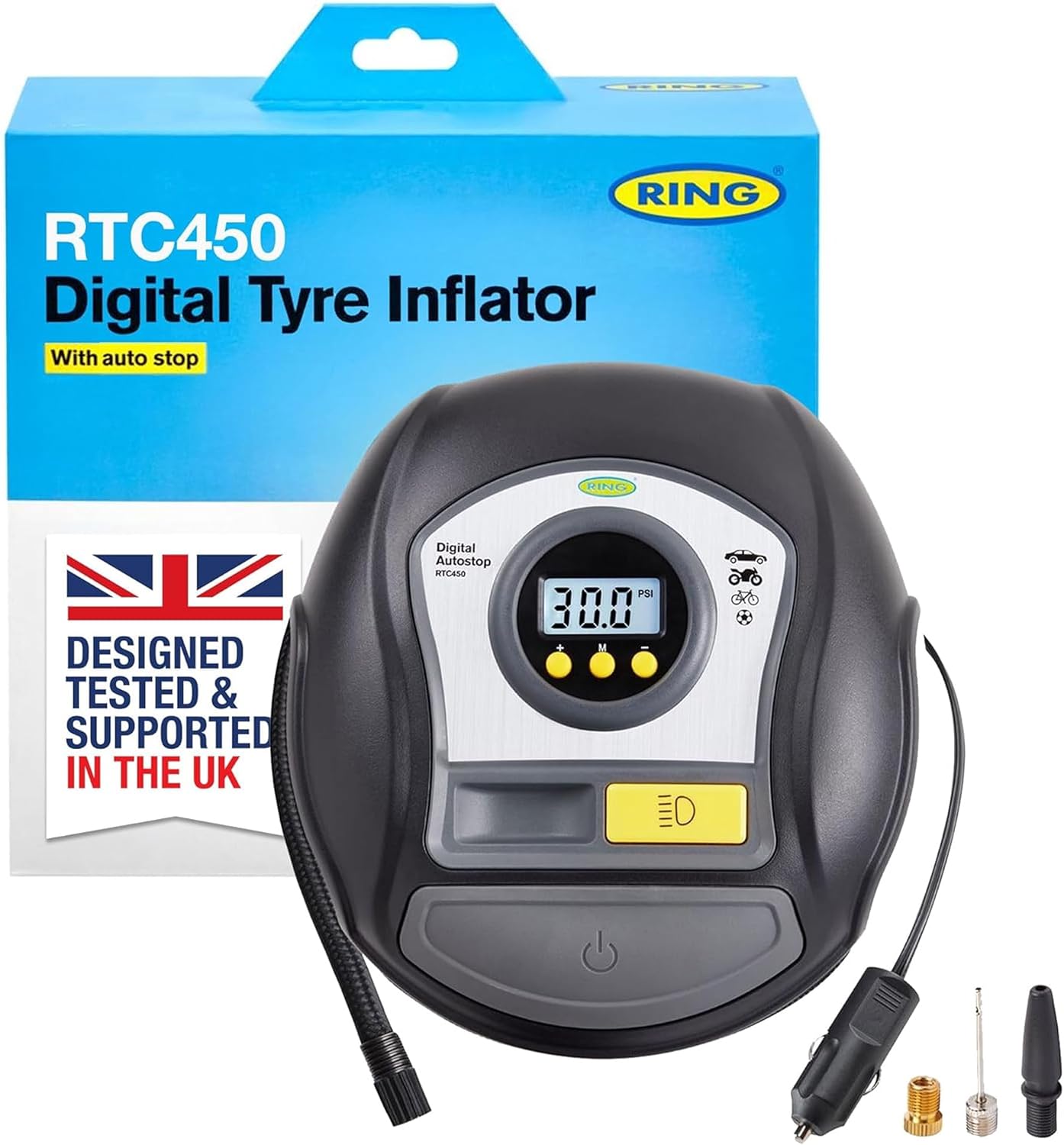 RING TYREINFLATE 450 Digital Tyre Inflator Air Compressor With Auto-Stop functionality - Measures in PSI, BAR & kPA