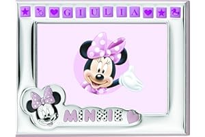 VALENTI & CO. Disney - Cadre photo Minnie Mouse à poser - plaqué argent - personnalisable avec le nom du bébé - avec autocollants