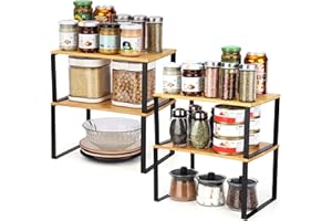 BELLE VOUS Pack de 2 Estante Organizador Cocina de Bambú Natural Estantería Armario Apilable y Extensible para Encimera, Baño, Alacena, Lavandería - Estantería de Cocina, Multifunción para Especias