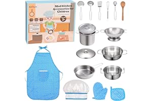 FUQUN 17Pcs Matschküche Zubehör Outdoor, Küchenspielzeug Zubehör Kinderküche Kochgeschirr Edelstahl Pfannenset Schürze und Kochmütze Puppenküche Zubehör Kochset Kinder Spielküche Outdoor Zubehör