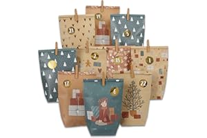 ‎PAPIERDRACHEN Papierdrachen 2025 Adventskalender zum Befüllen - 24 braune und petrolfarbene bedruckte Geschenktüten und 24 Zahlenaufkleber und Klammern - Motiv Petrol - zum Basteln und Verschenken - Weihnachten