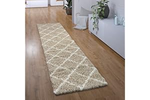Paco Home Alfombra Pasillo Pelo Largo Hall Dormitorio Salón Moderna Escandinava Rombos, tamaño:80x300 cm, Color:Beige