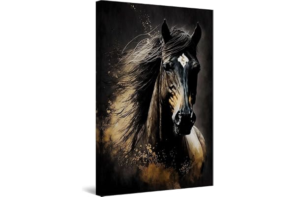 Startonight Impression sur Toile Lumineux - Cheval d'Or Noir - Grande Tableau Decoration Murale Prêt à Accrocher Peinture Moderne et Contemporaine 60 x 90 cm Idée Cadeau Élégante et Originale