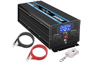 JIGUUN 3000W Inverter 12V 240V Pure Sine Wave with 30A Charger and Mains Priority and UPS Function, 2 UK Sockets, Wireless Remote Control and LCD Display Peak Power 6000W