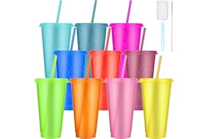 AXNSATRE 10 Pcs Cold Cups with Lid & Straw, 24oz Reusable Plastic Cups Glitter Cups, Party Tumbler Cup Cold Cups Set Travel Cups for Cold Drinks Iced Coffee Cups for Parties (10 Color)